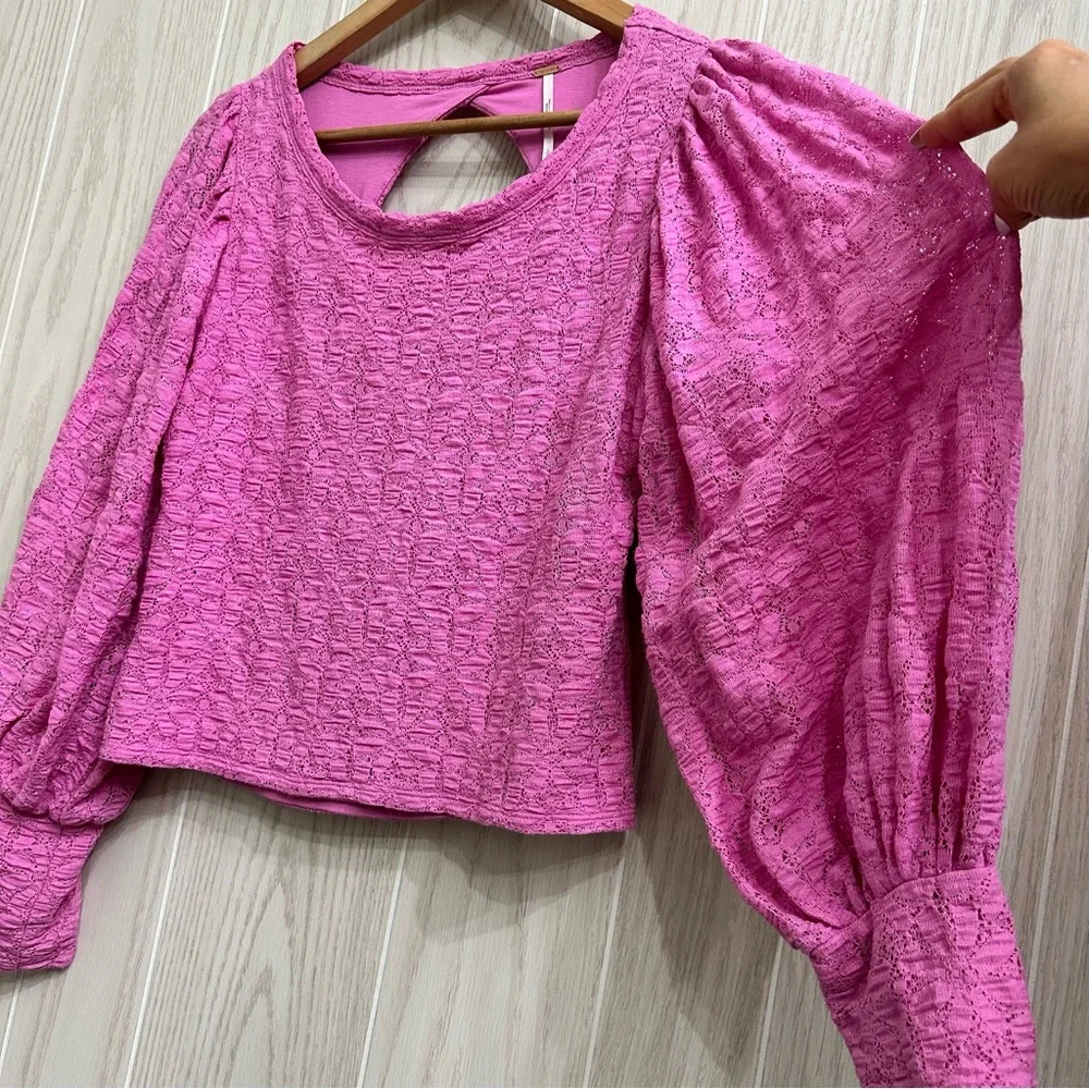 Free People Tea Time Top Plumeria Open Back Floral Lace Balloon Sleeves Size L